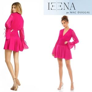 Ieena for Mac Duggal pleated bell sleeve chiffon short gown prom party hoco
